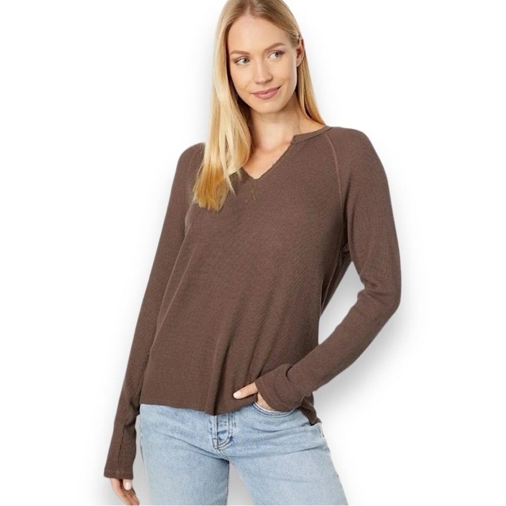 NWT Bobi Los Angeles Brown Split- Neck Raglan Long Sleeve Tee Color Olive